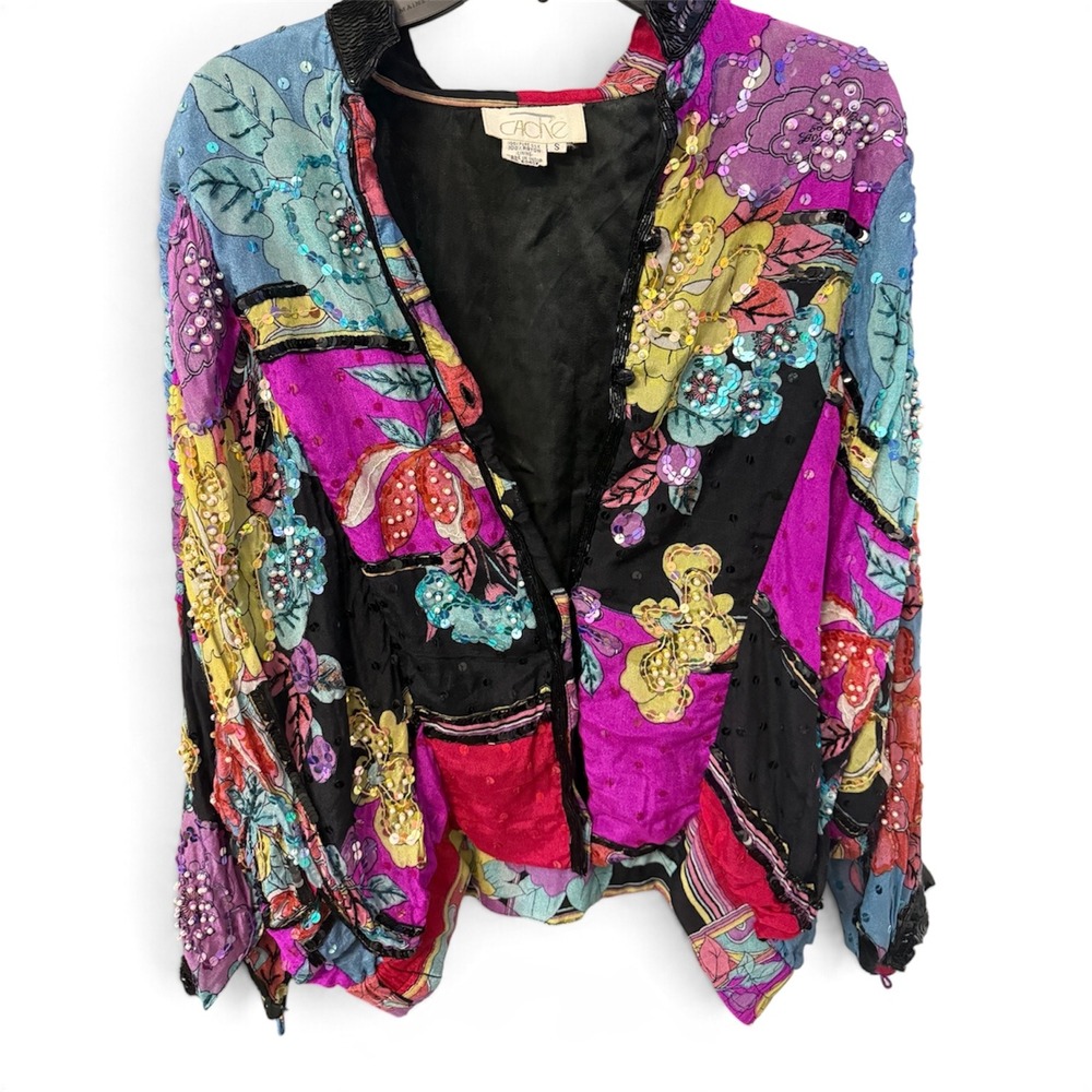 Cache Vintage 100% Silk Beaded Sequin Floral Patchwork Jacket Multicolor Small